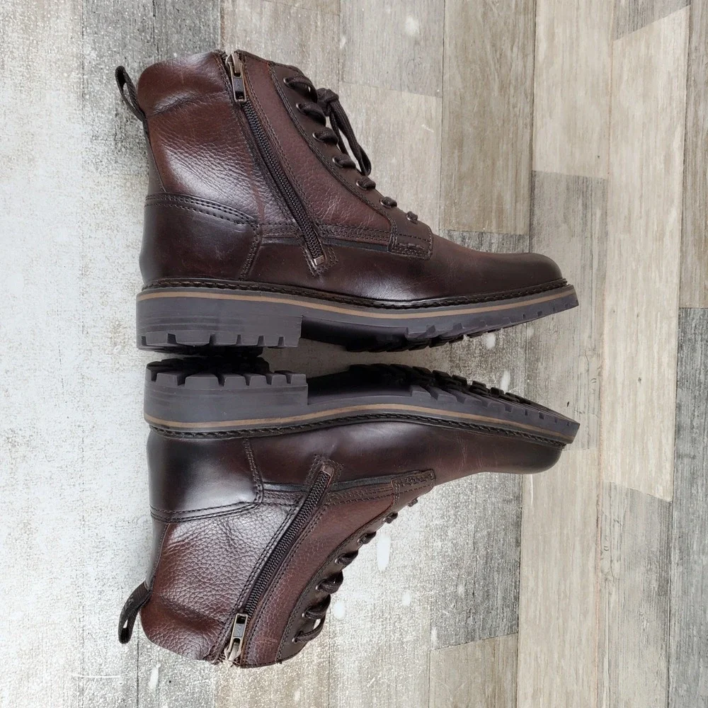 Steve Madden Saal Men Ankle Boot Sz 9 D Brown Leather Lace Up Side Zip Round Toe